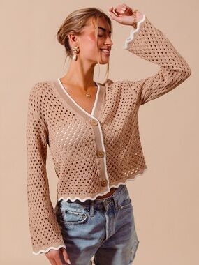 💜Hello Gorgeous! SO ME Open Knit Light Weight Sweater Contrast Wavy Scallop Edge
